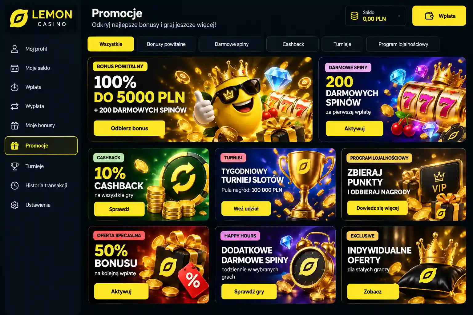 Panel promocji i bonusów w koncie gracza Lemon Casino