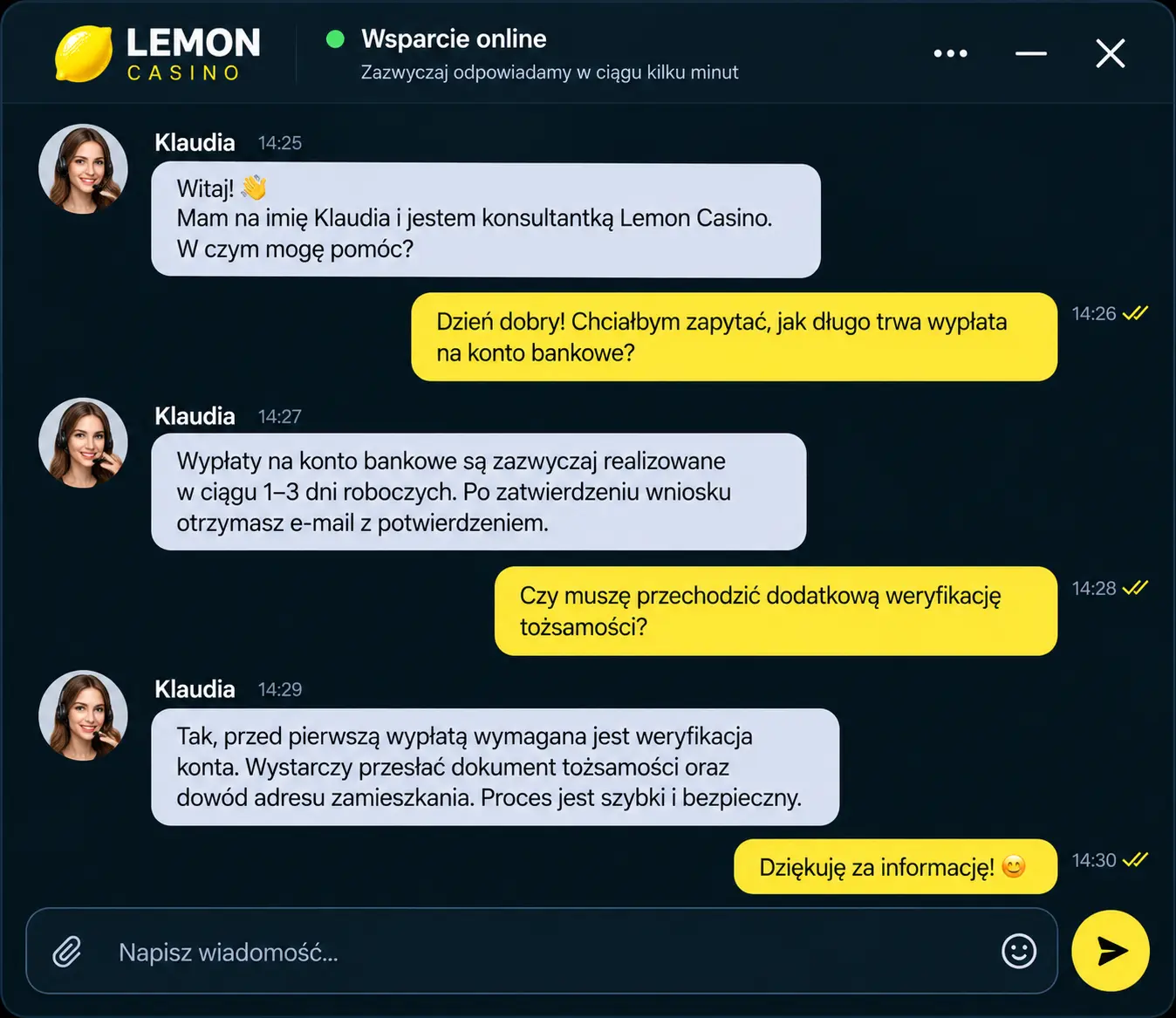 Okno czatu na żywo Lemon Casino z konsultantem