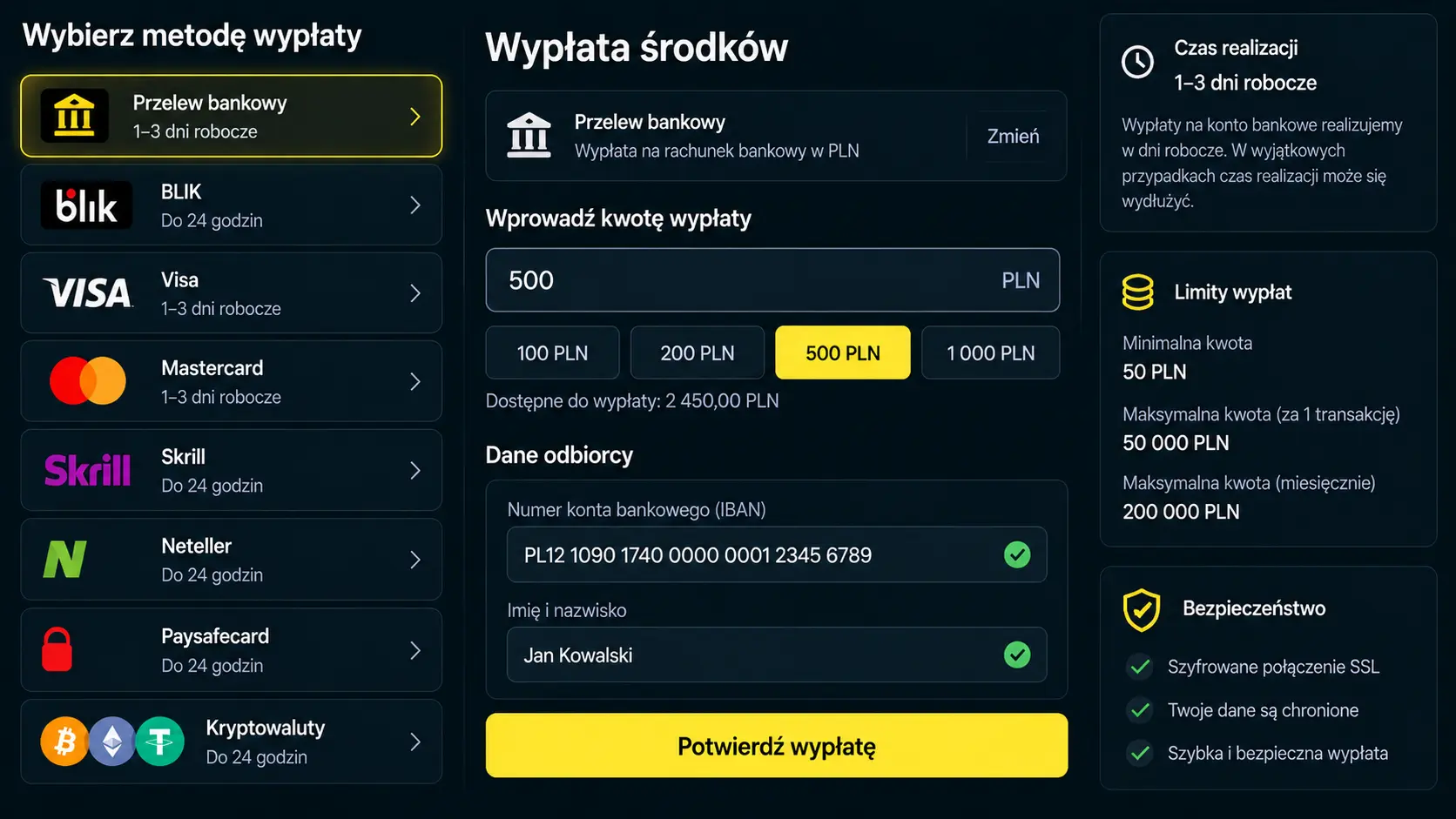 Formularz wypłaty środków w panelu gracza Lemon Casino